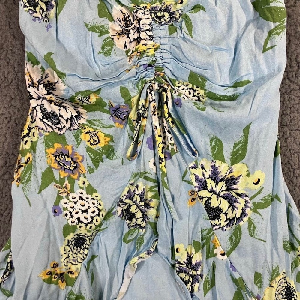 Free People Blue Floral Ruched Mini Dress Smocked Back XS - Picture 7 of 10